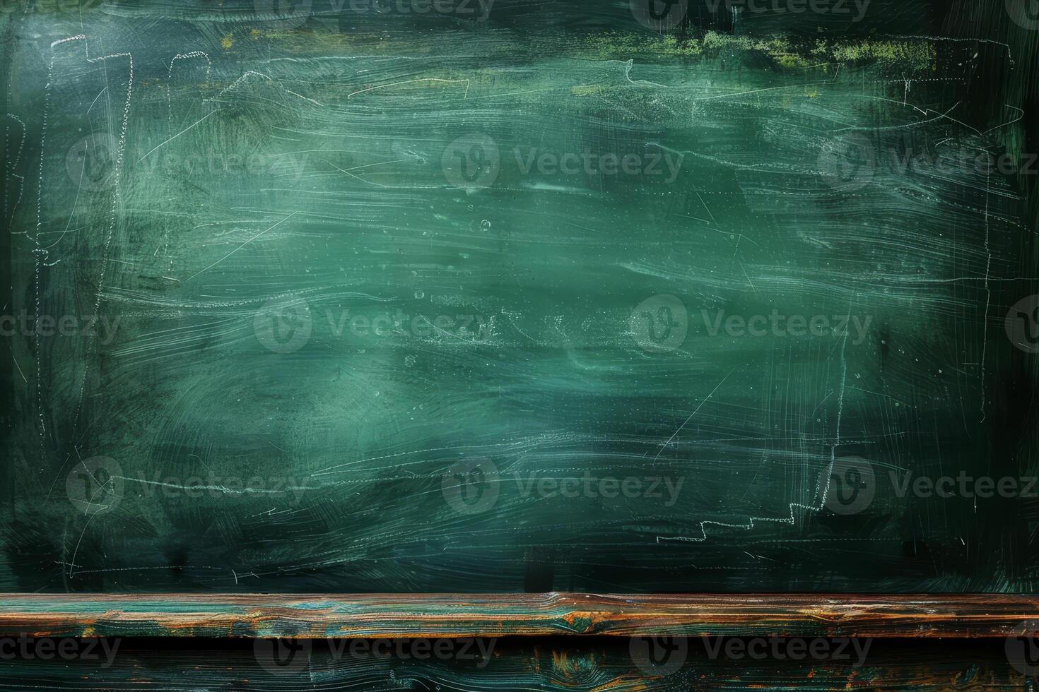 A green chalkboard with a wooden table in front of it photo