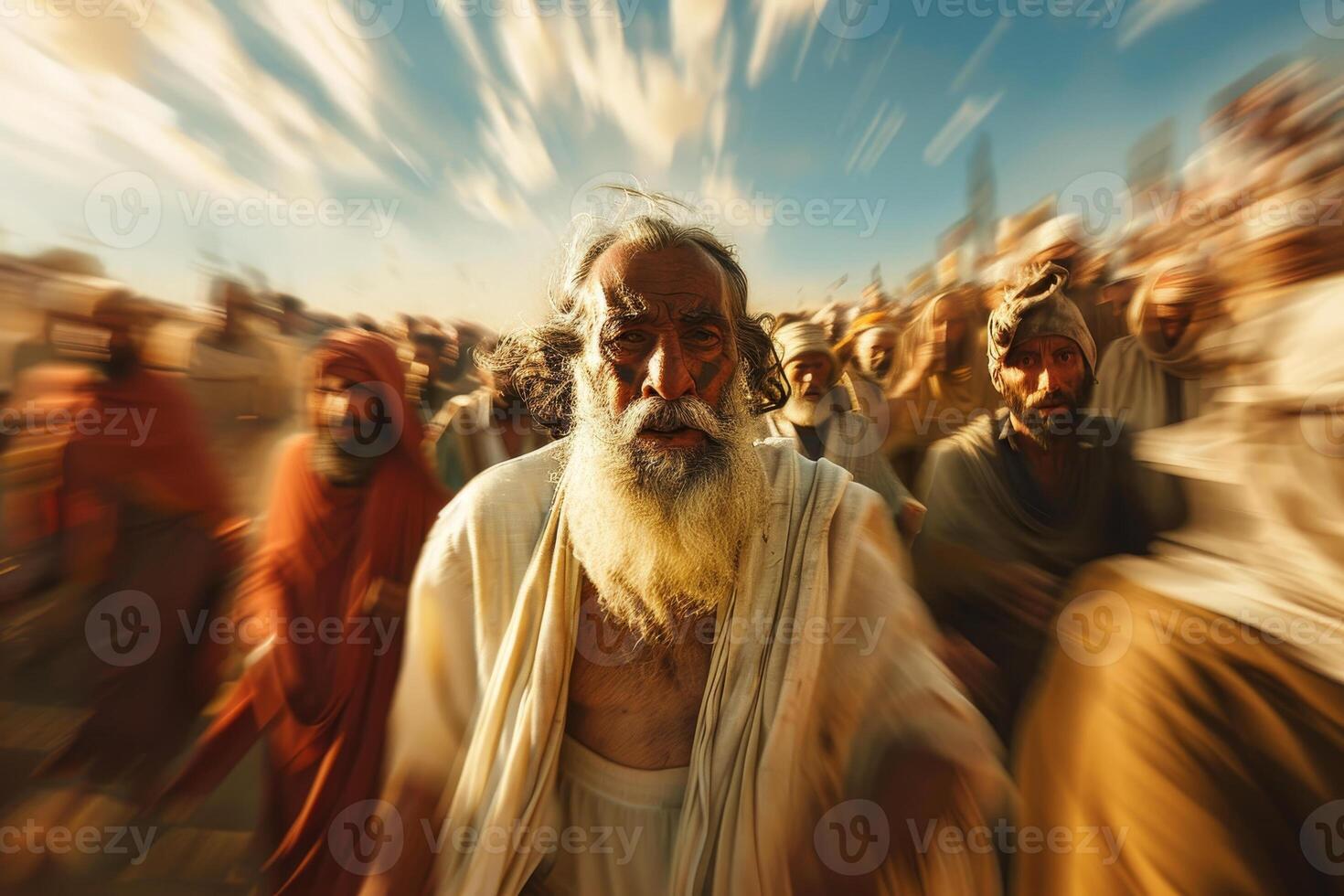 A man with a beard and white hair is surrounded by a crowd of people photo