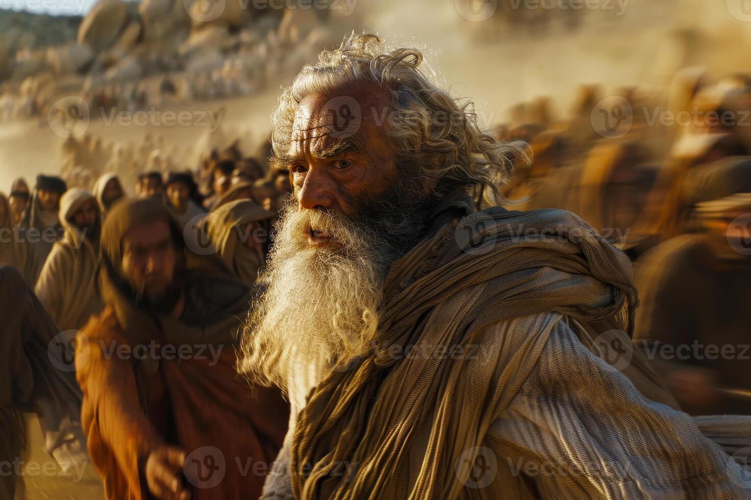 A man with a beard and white hair stands in front of a crowd of people photo