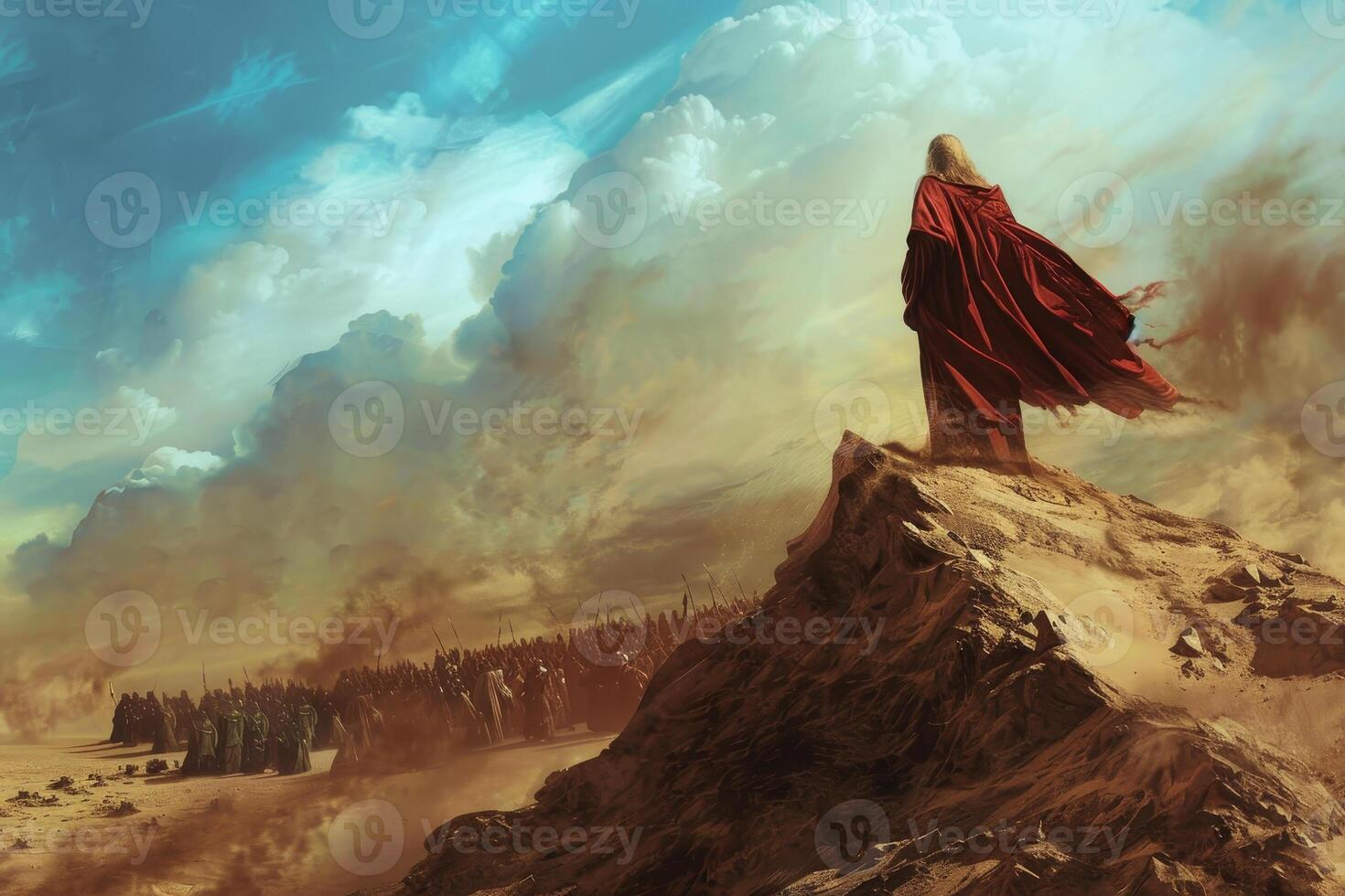 A man in a red robe stands on a hill overlooking a large crowd of people photo