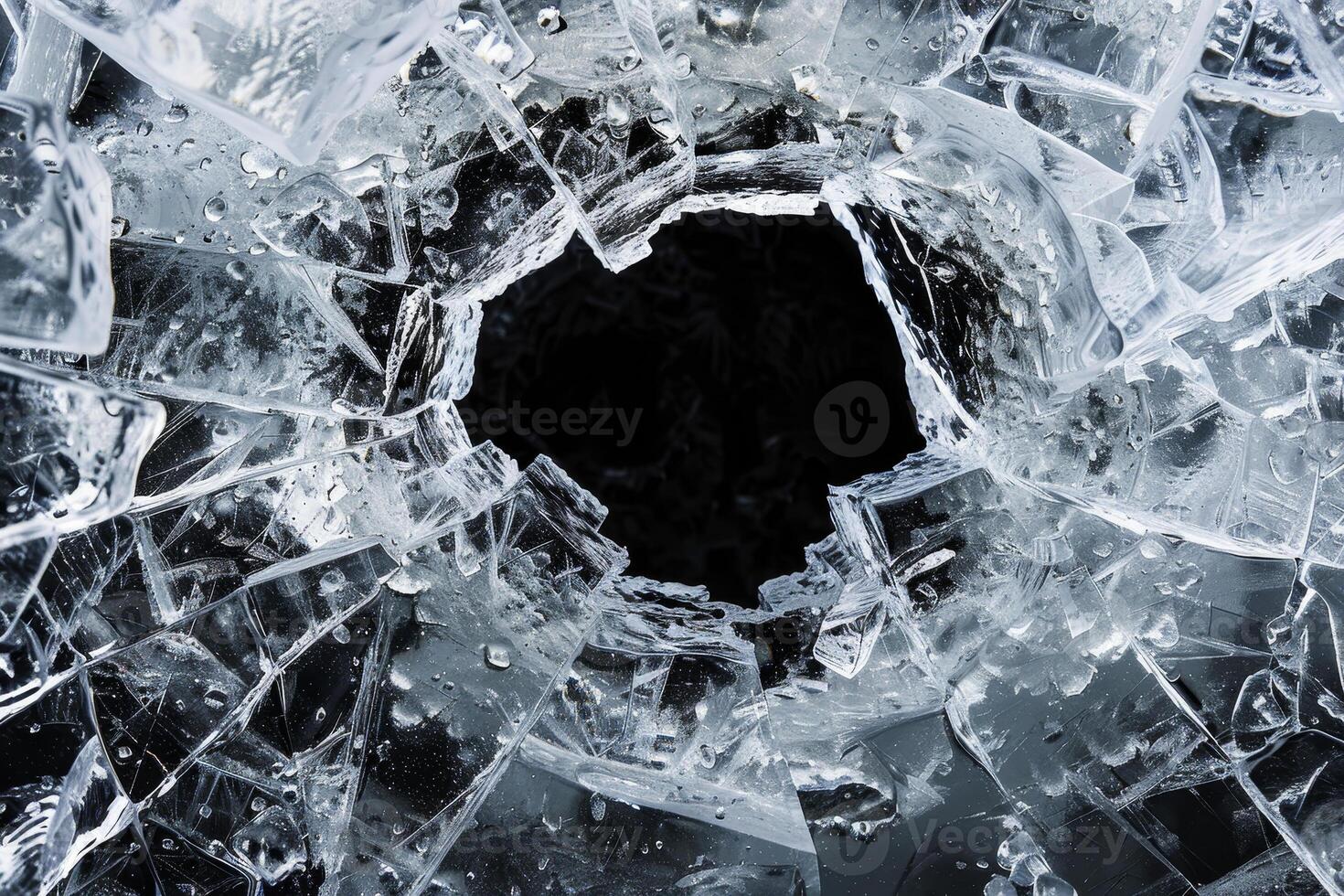 A bullet hole in a glass window with ice photo