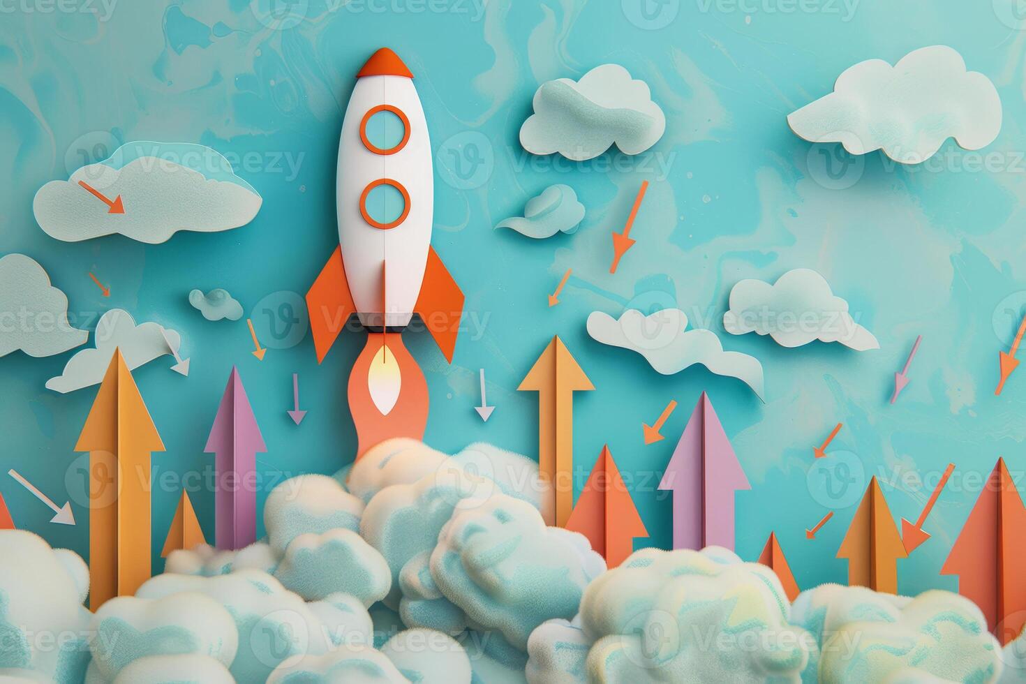 An illustration of a rocket flying through the clouds photo