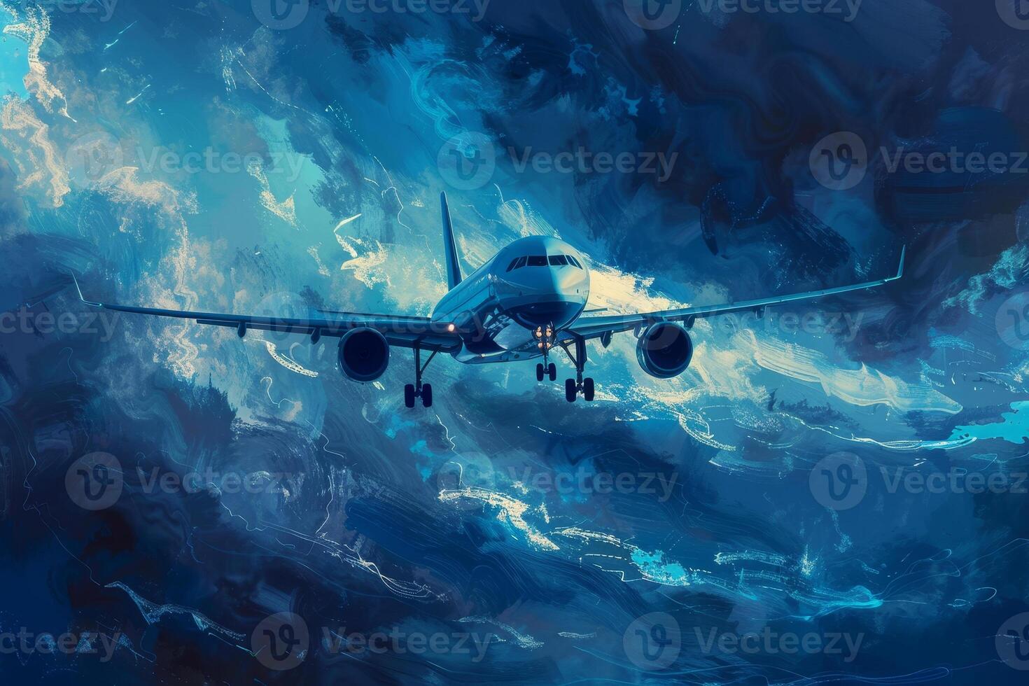 A painting of a large airplane flying through the clouds photo