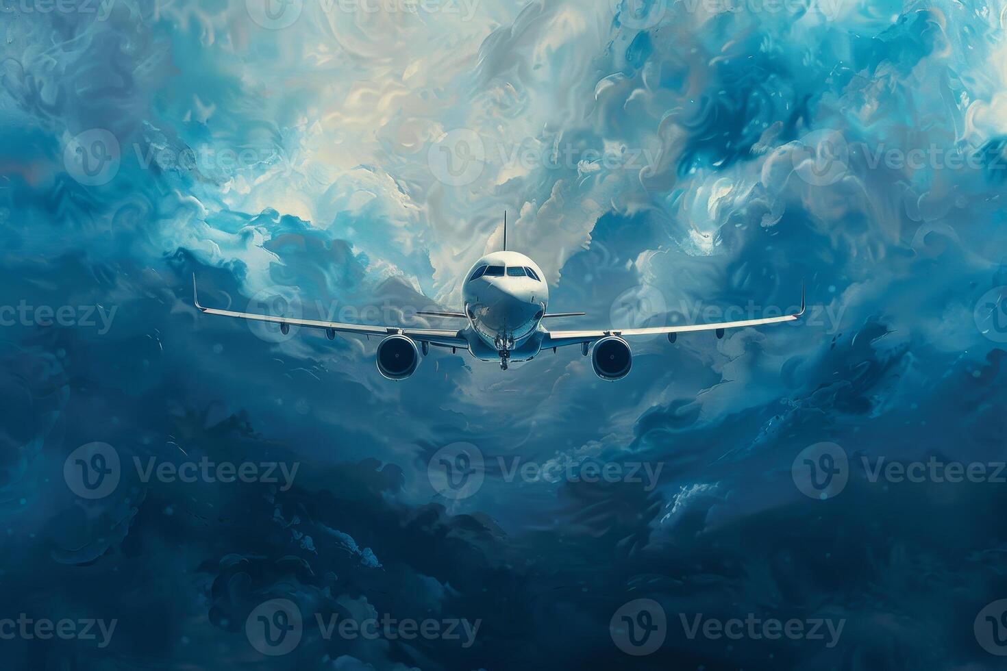 A painting of a plane flying through a cloudy sky photo