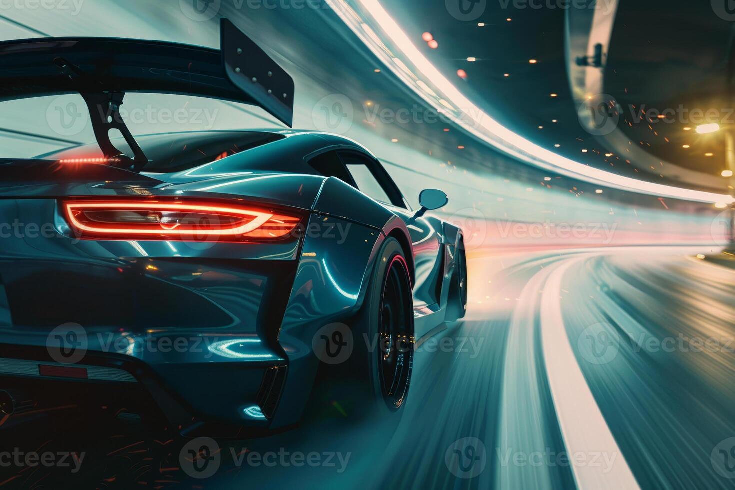 The porsche 911 gt3 rs is speeding down the highway at night photo