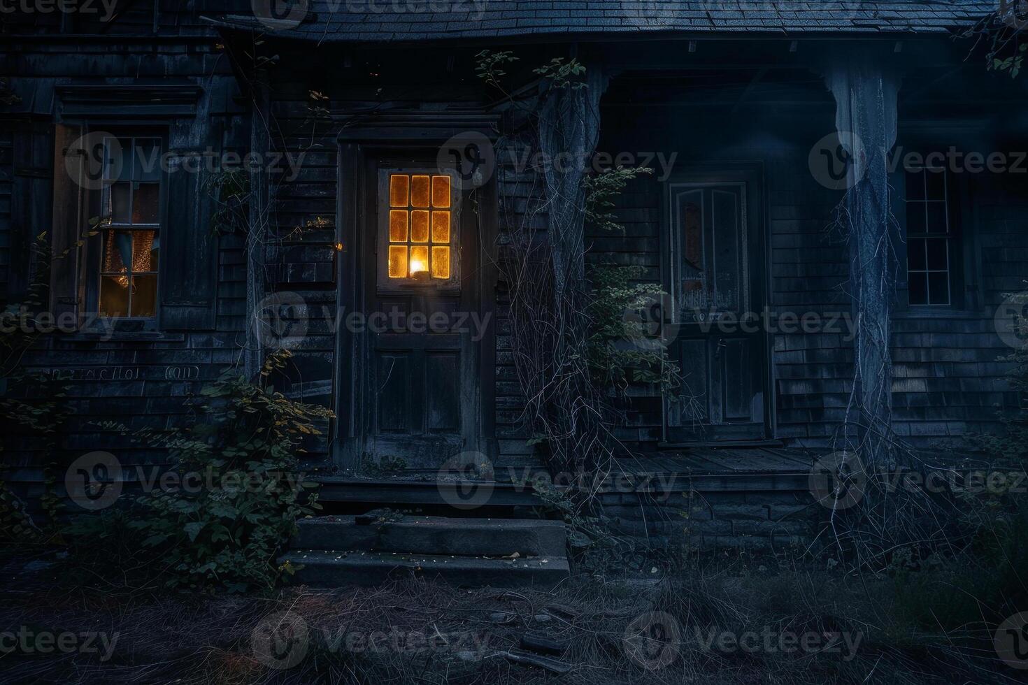 A dark house with a light shining through the window photo