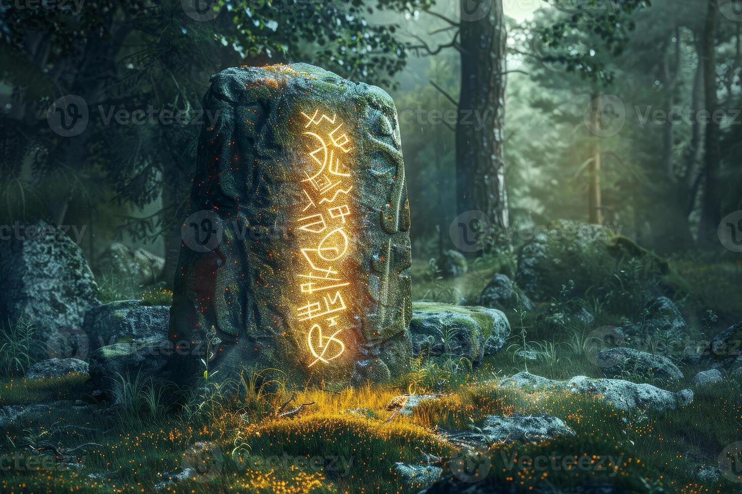 A stone with a neon sign in the middle of the forest photo