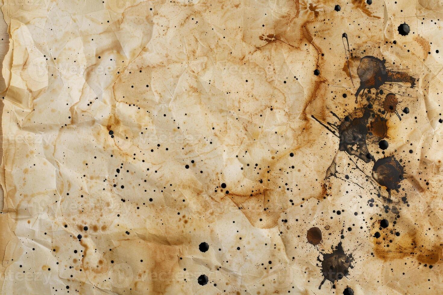 A dirty old paper with black spots and stains photo