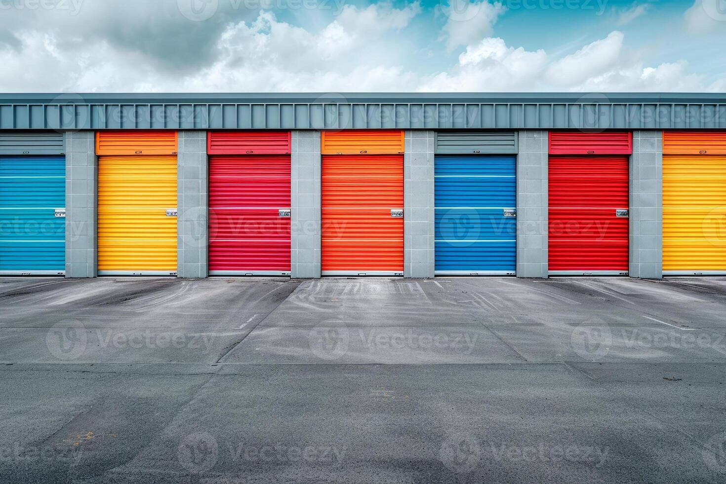 Colorful storage units in a parking lot photo