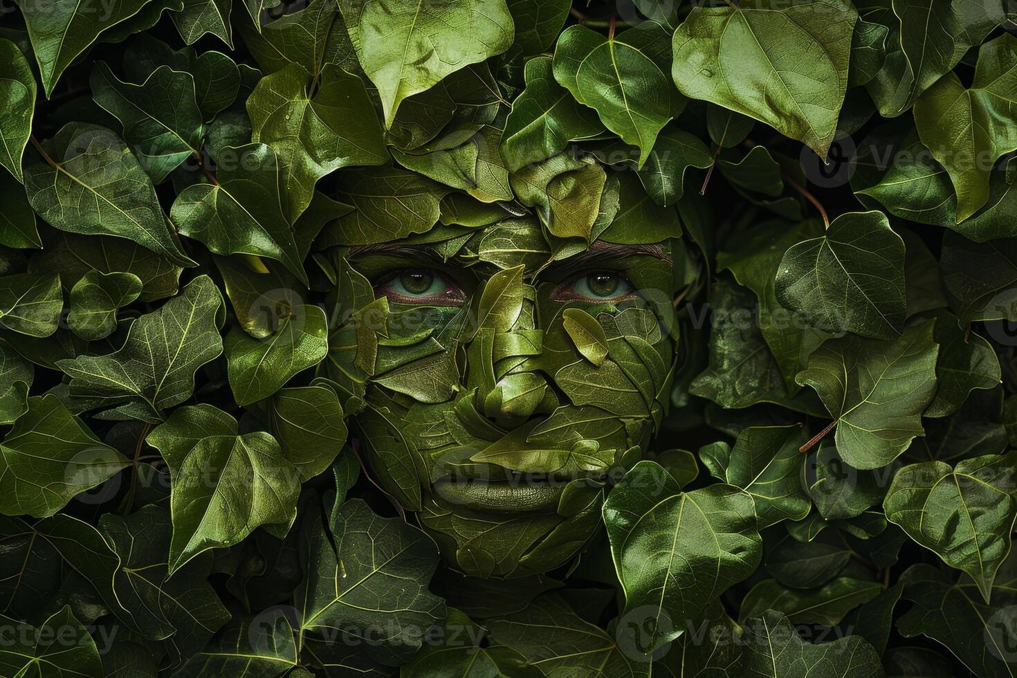 A man's face is covered in leaves photo