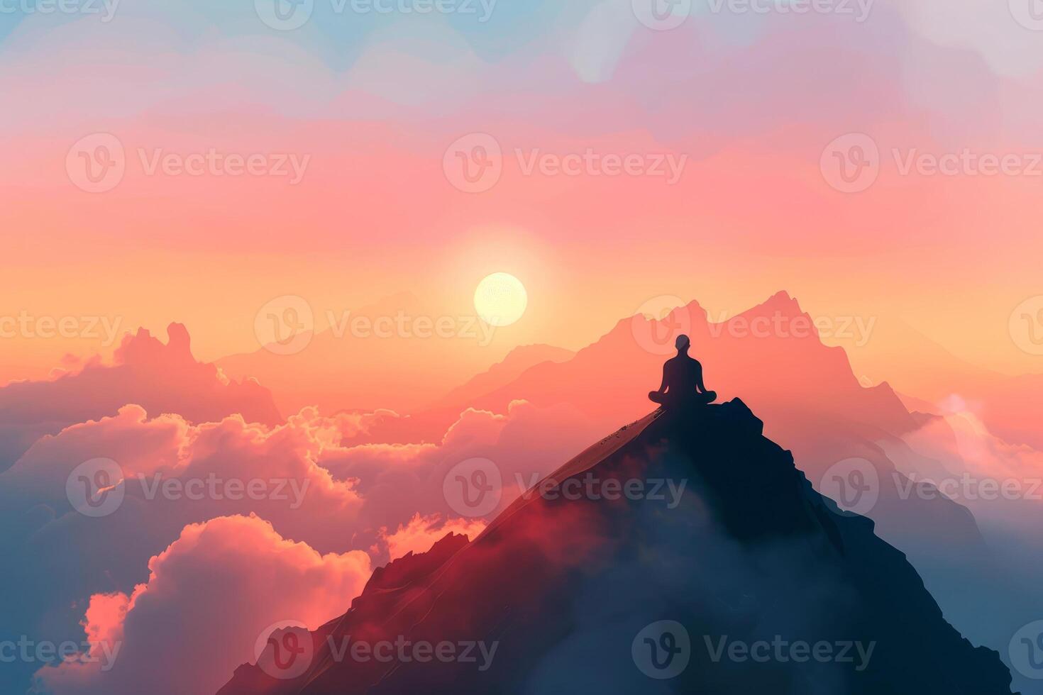 A person sitting on top of a mountain at sunset photo
