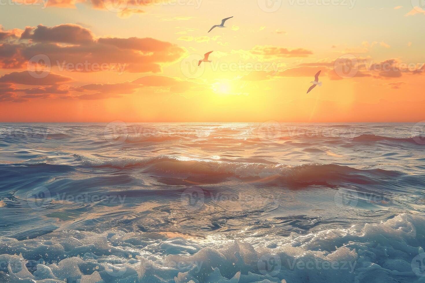 Sea waves crashing on the shore at sunset photo