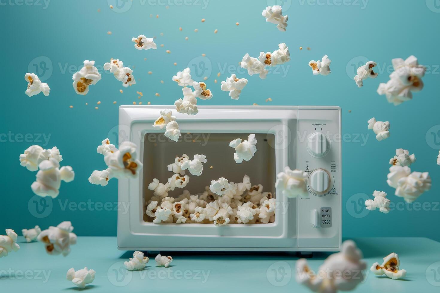 A microwave with popcorn popping out of it photo