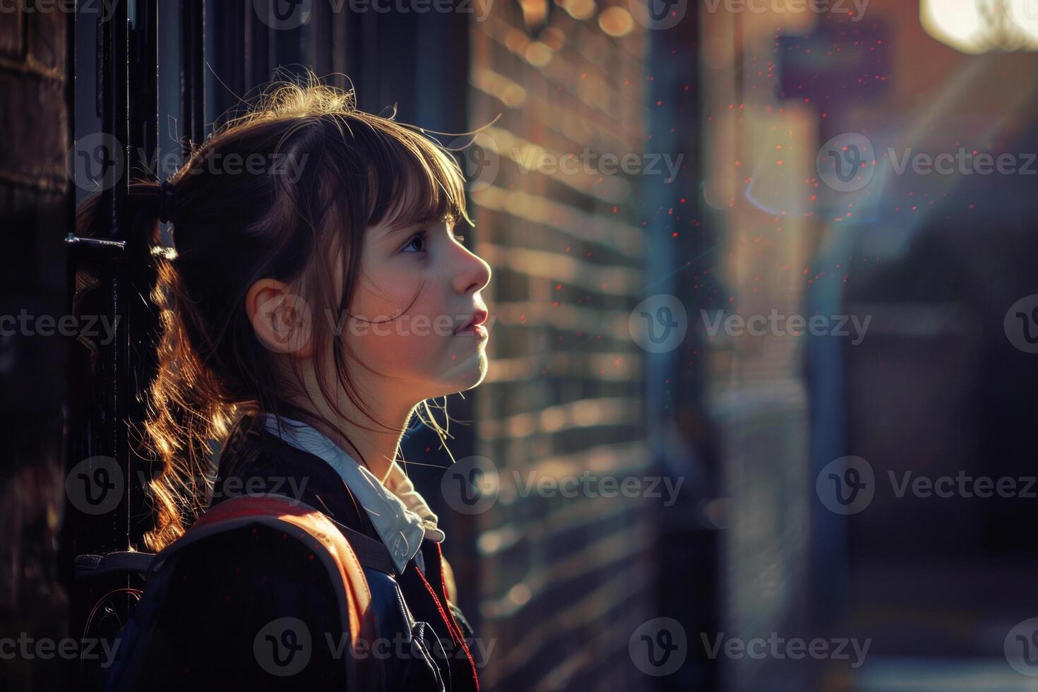 A young girl looking out a window photo