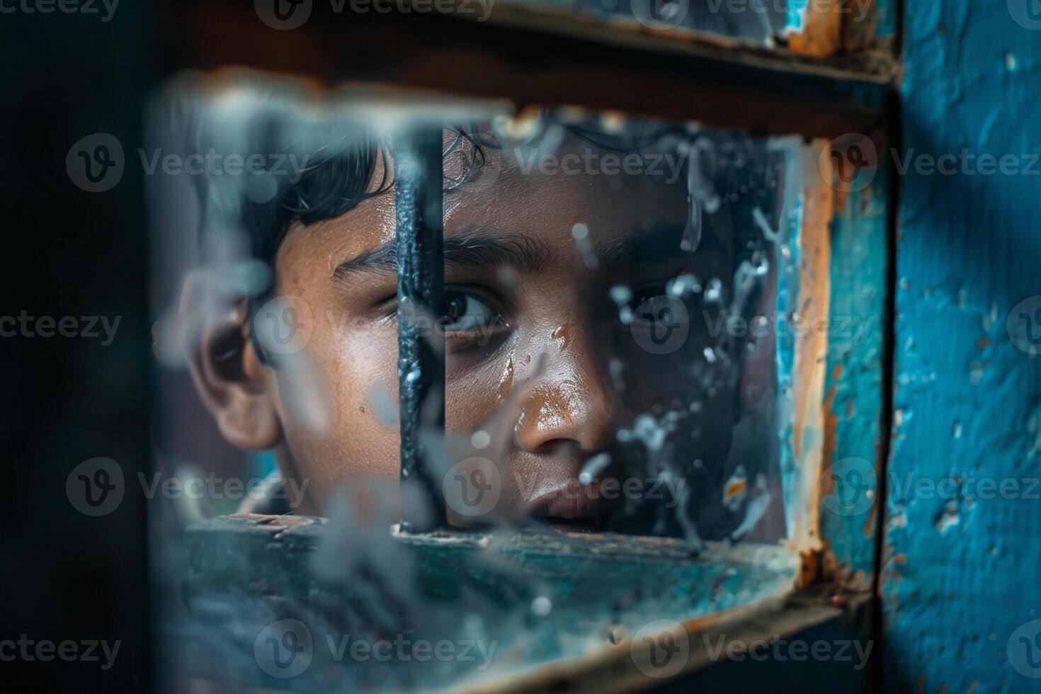 A boy looks out a window with water on the glass photo