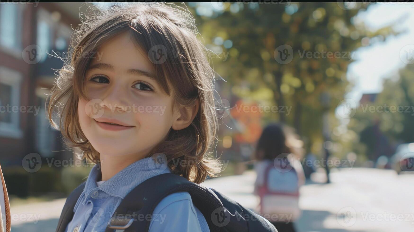 A young girl smiles while walking down the street photo
