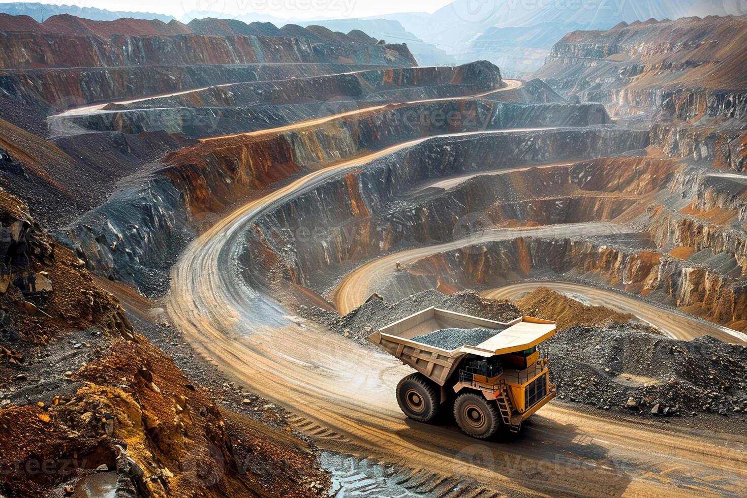 A massive haul truck navigates the winding paths of a large open-pit mine, revealing various layers of soil and minerals under clear skies during daytime photo