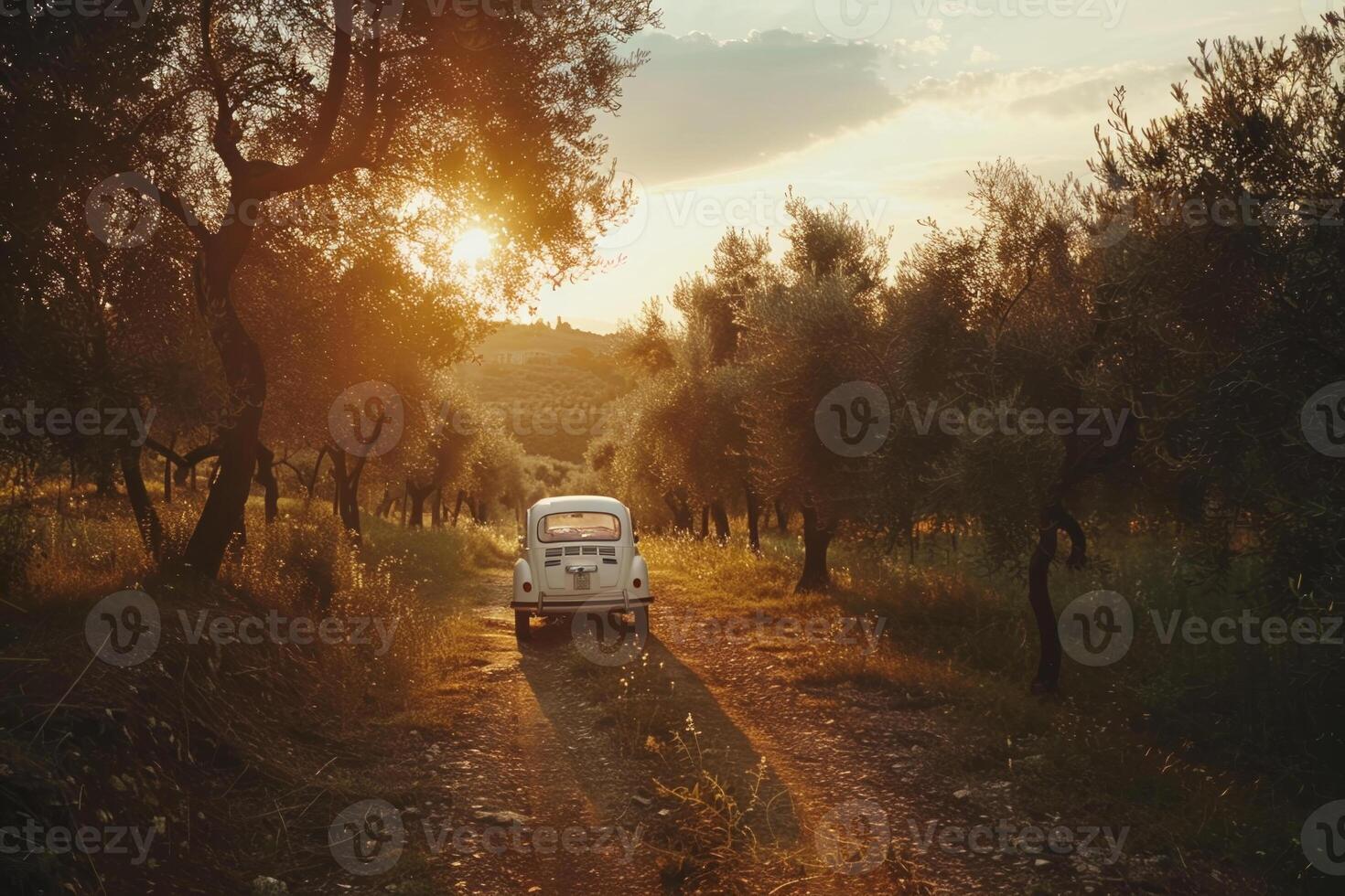 A classic car navigates a rustic path lined with olive trees as the sun sets on the horizon, illuminating the tranquil landscape with warm golden light photo