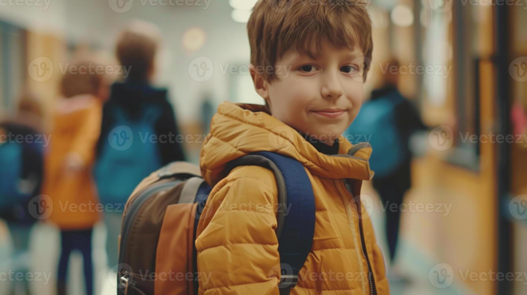 A young boy with a backpack standing in a hallway photo