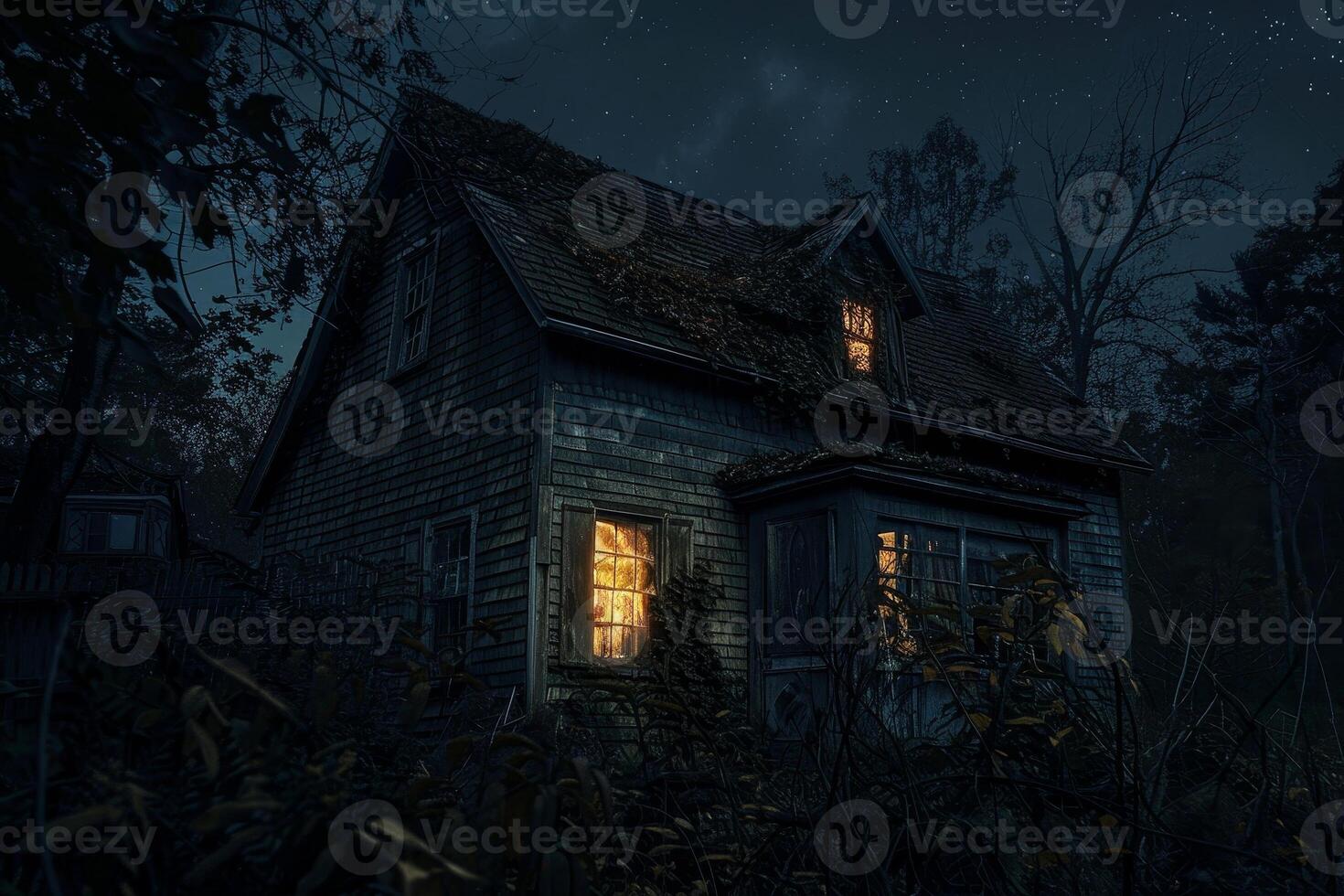 A creepy old house with a window lit up photo
