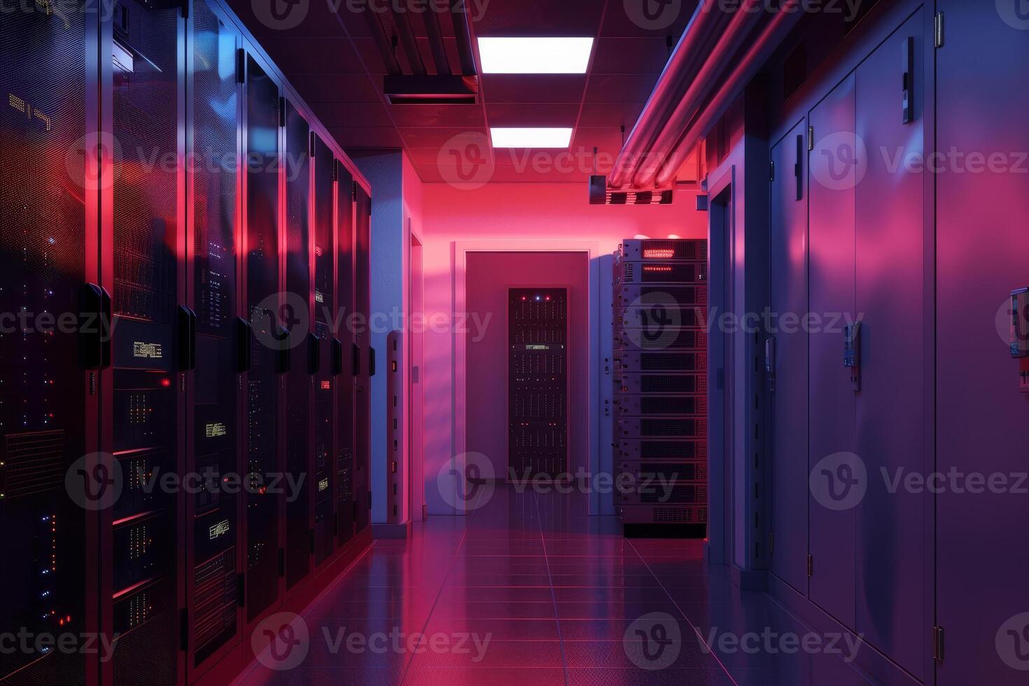 A computer server room with neon lights and a red sign photo