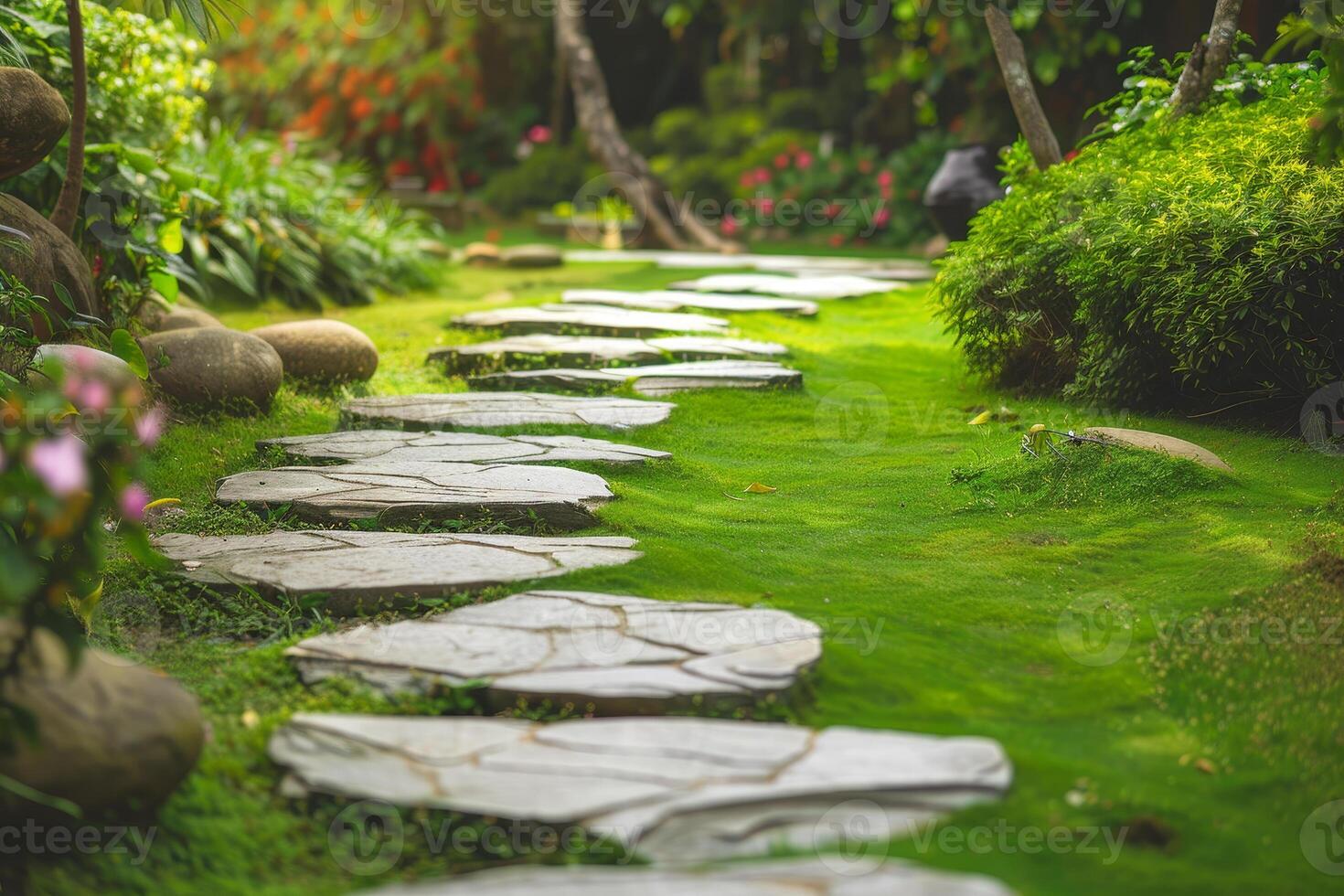 A path in a garden with a stone walkway and a lot of greenery photo