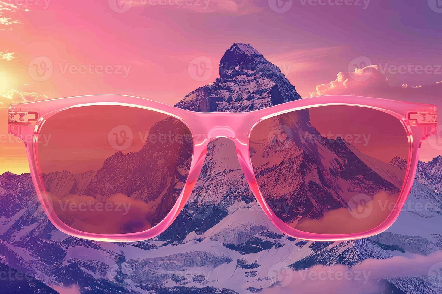 A pair of pink sunglasses with a mountain in the background photo