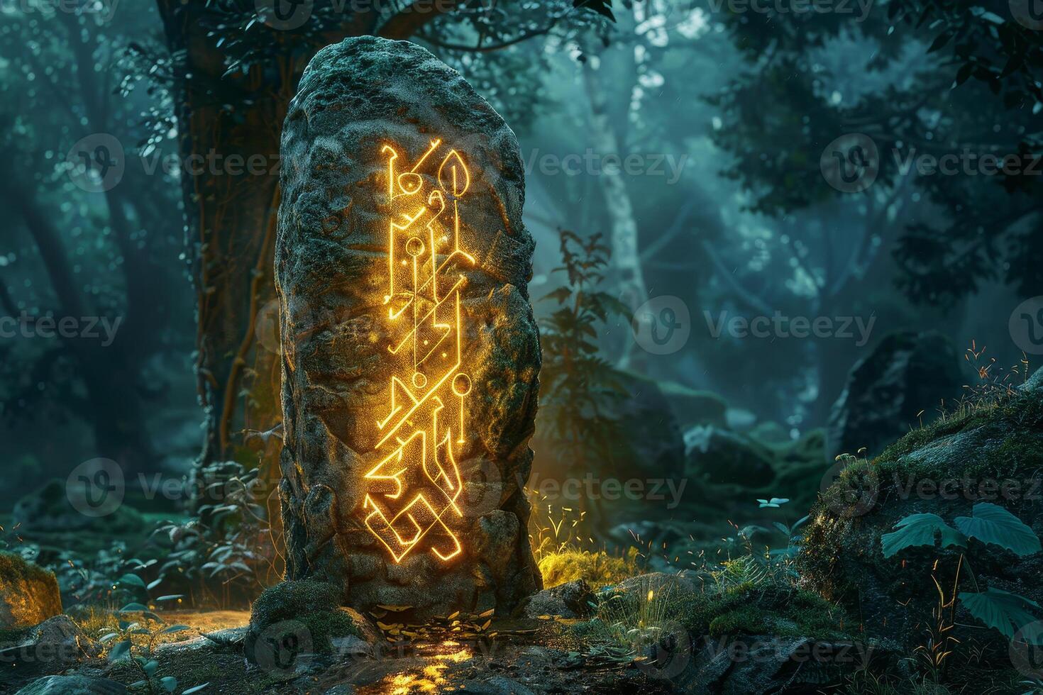 A glowing stone with a mysterious symbol on it sits in a forest photo