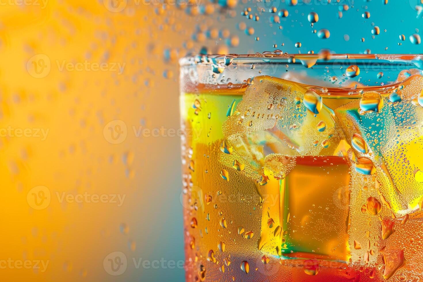 A glass of ice cold drink with ice cubes in it photo