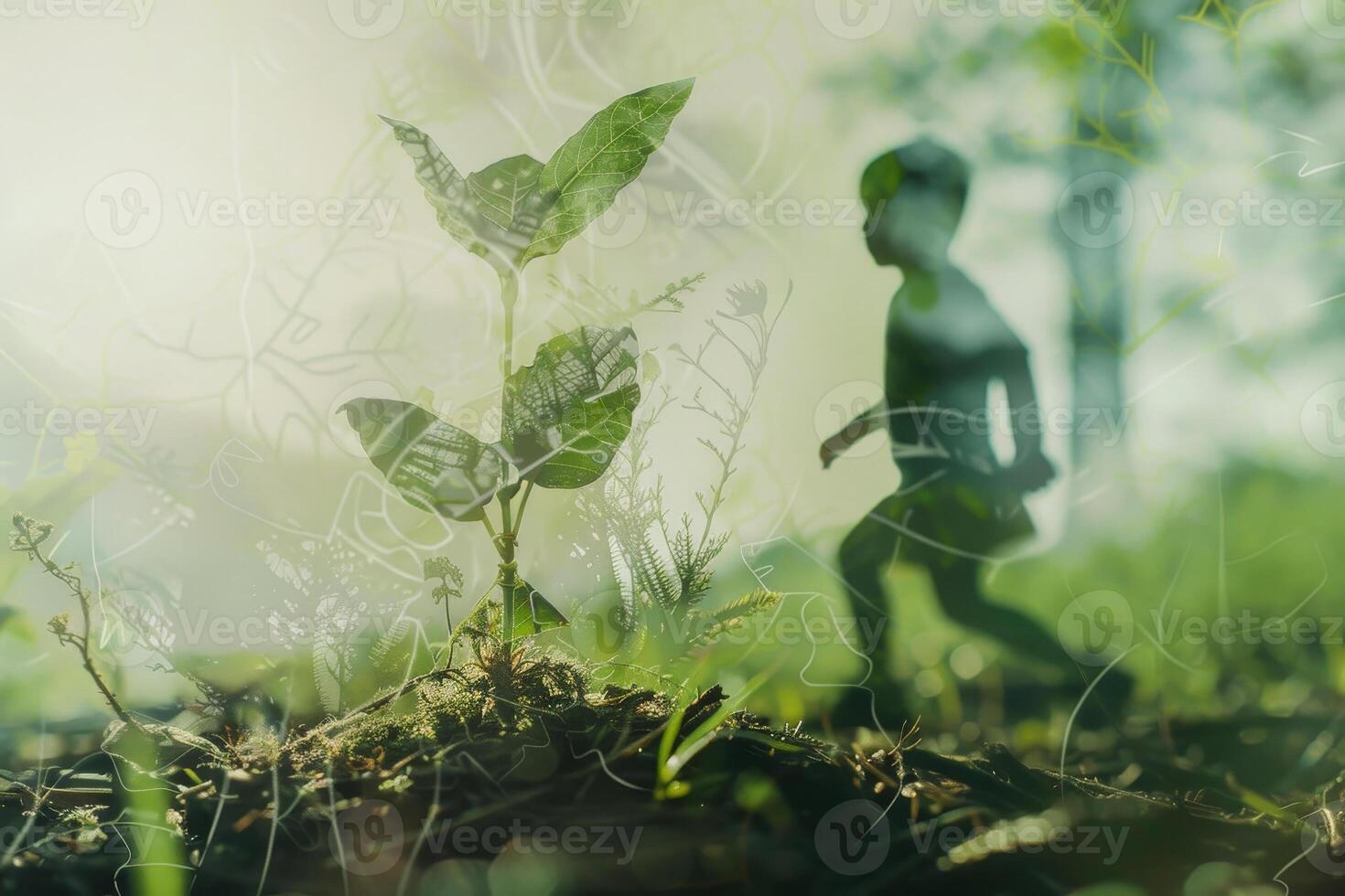 A child walks through a vibrant green area filled with young plants, engaging with nature beauty while sunlight filters through the trees, creating a peaceful atmosphere photo