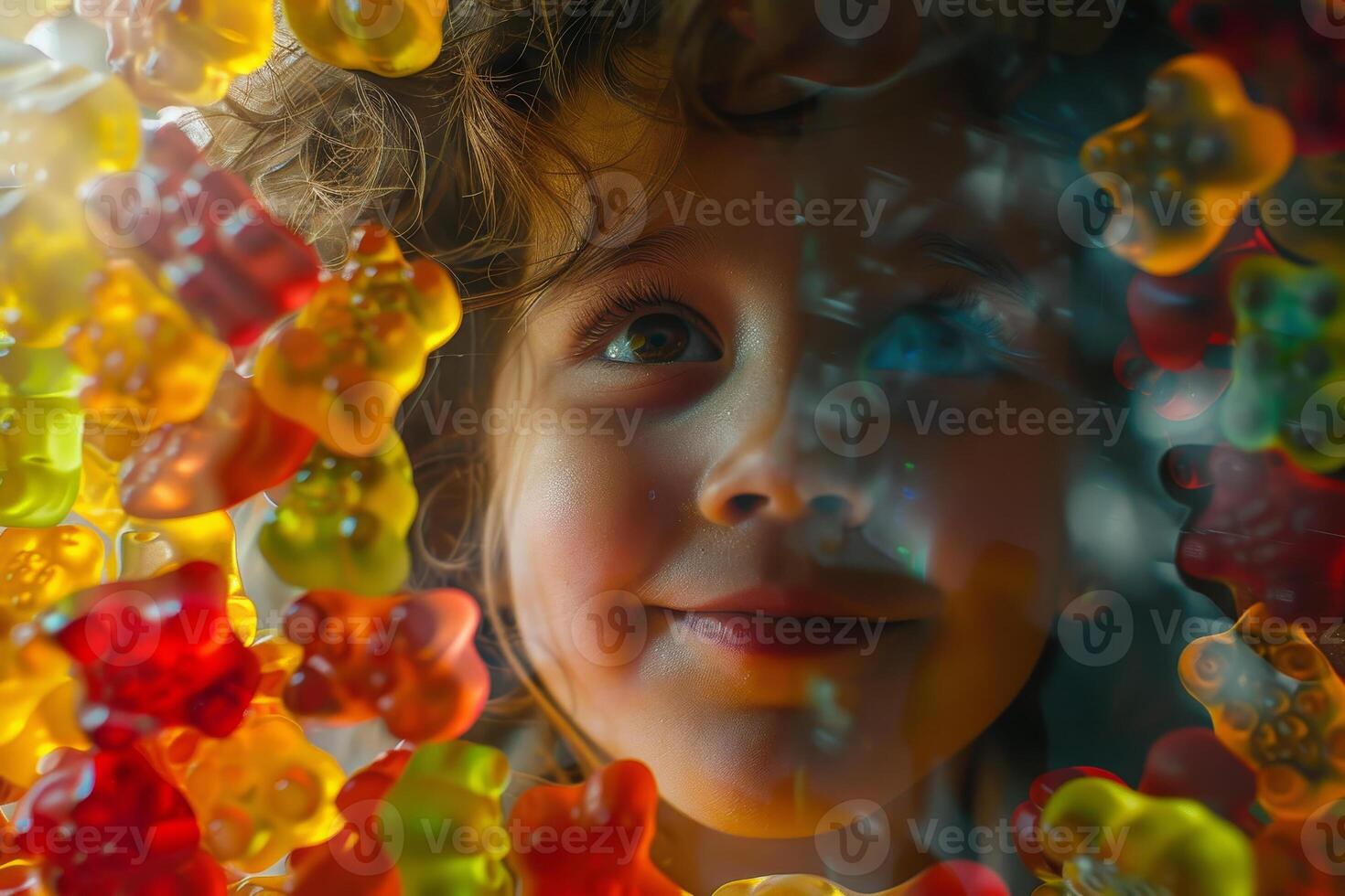 A young child with curly hair smiles while looking through a vibrant assortment of gummy bears, radiating happiness and wonder photo