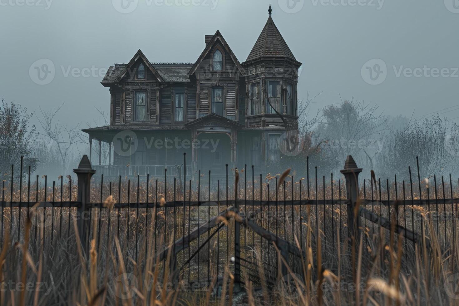 An eerie Victorian house stands abandoned, shrouded in thick fog, surrounded by tall grass and a rustic fence. The atmosphere suggests an unsettling mystery in a forgotten area photo