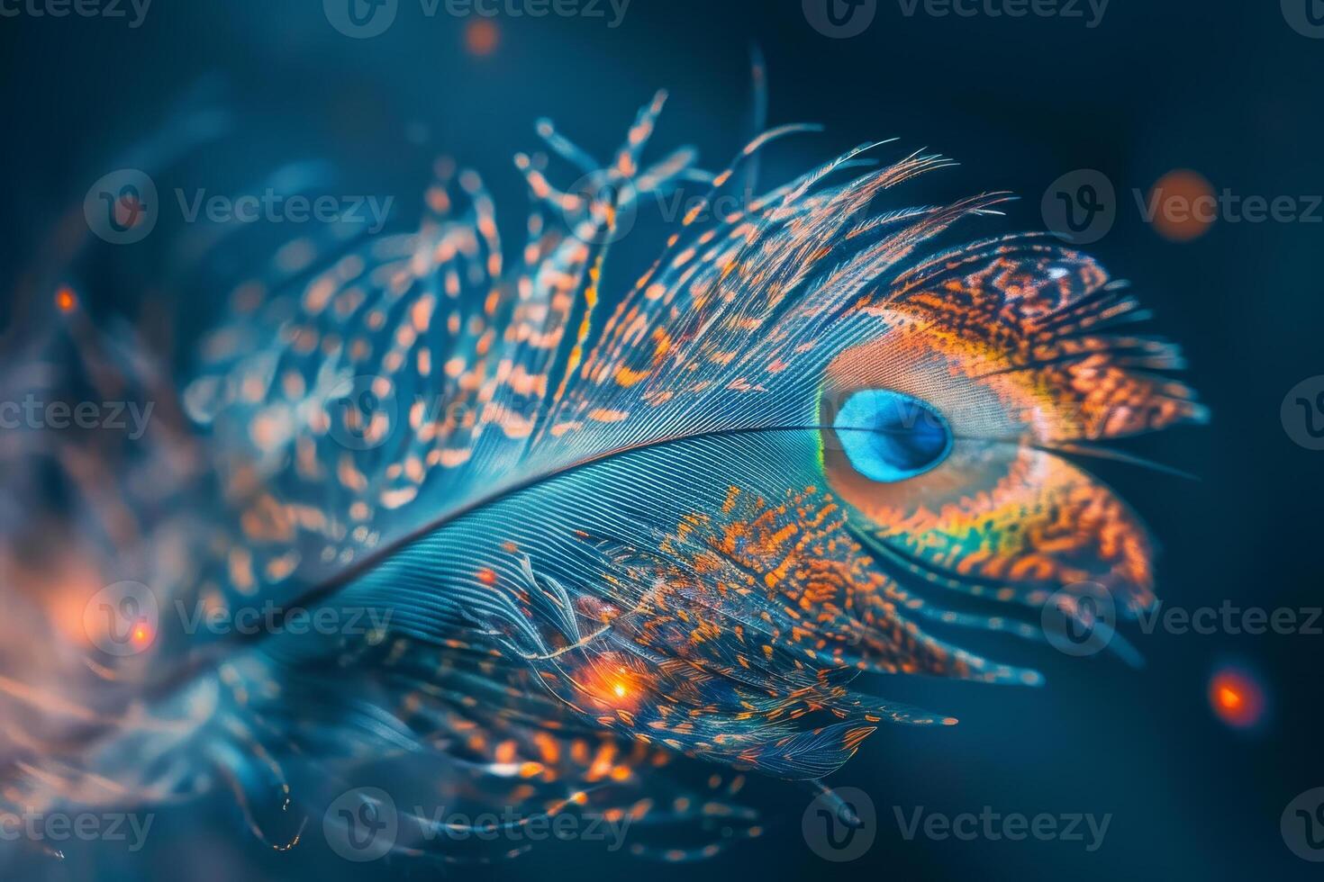 This captivating peacock feather displays rich colors and delicate patterns, beautifully highlighted against a dark blue backdrop, emphasizing its natural elegance and detail photo