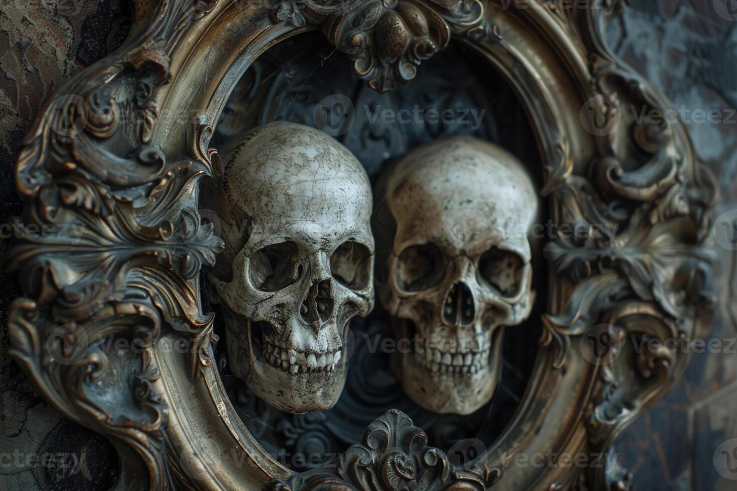 Two skulls are displayed in a frame, one on the left and one on the right photo