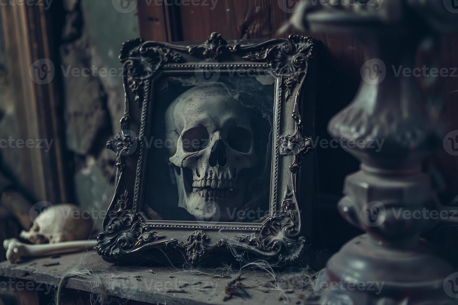 A skull is displayed in a frame on a table photo