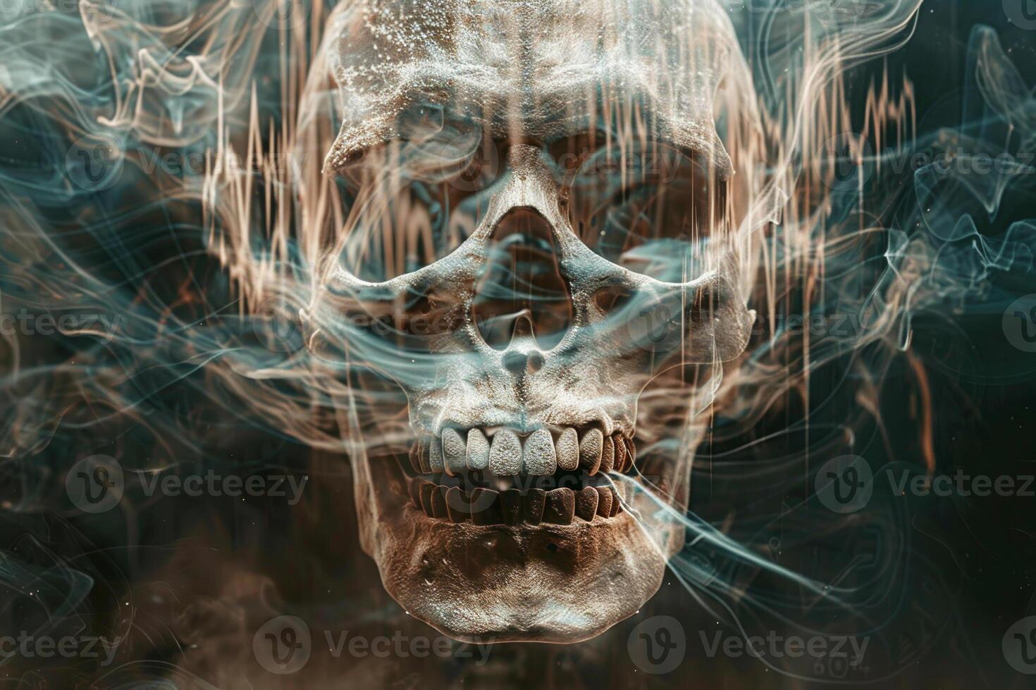 A skull is shown with smoke surrounding it photo