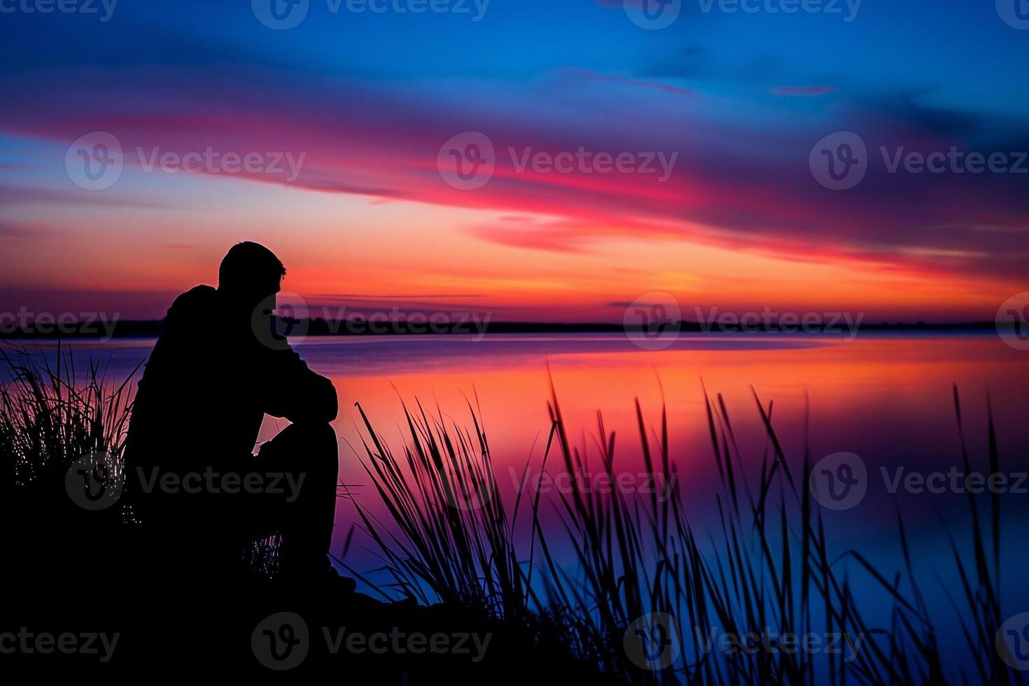 A man sits on a rock by a lake, looking out at the water photo