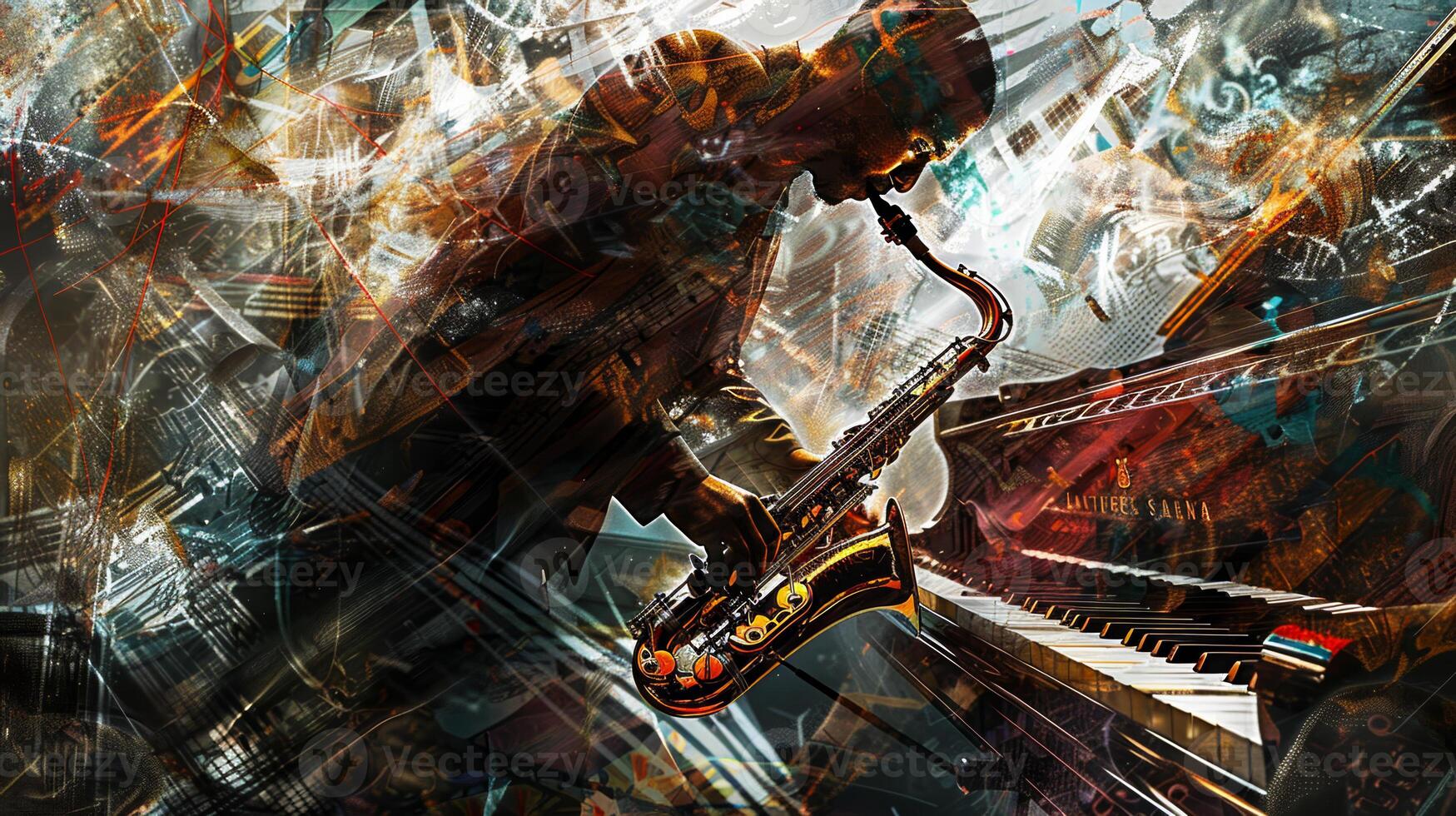 A man playing a saxophone in front of a piano photo