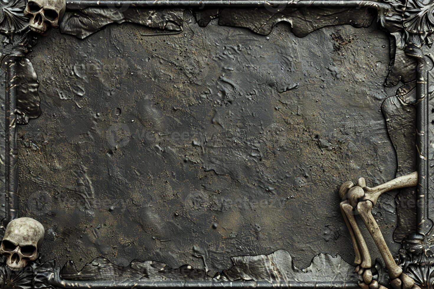 A black frame with skulls and bones on it photo