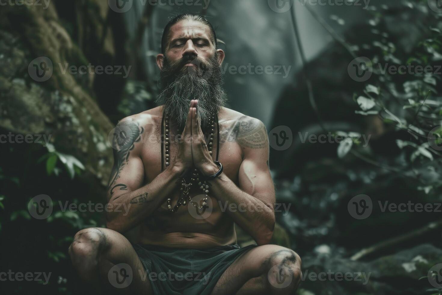 A man with a beard and tattoos is sitting in the forest and praying photo