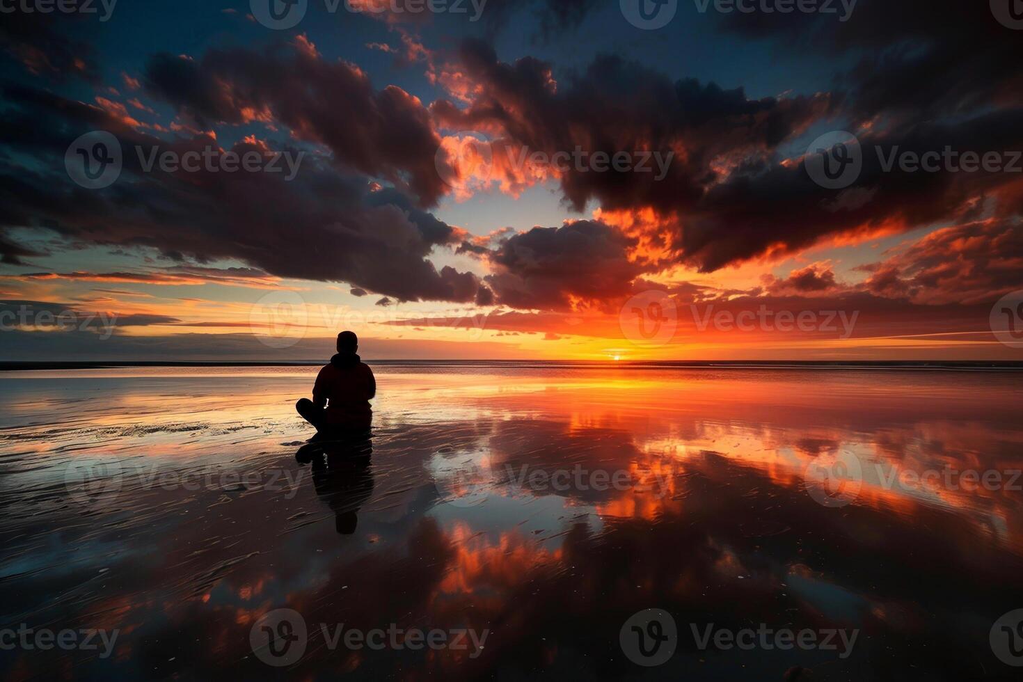 A person is sitting on the beach at sunset photo