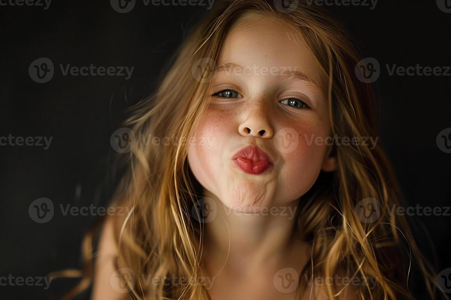 A young girl with long brown hair is kissing her own lips photo