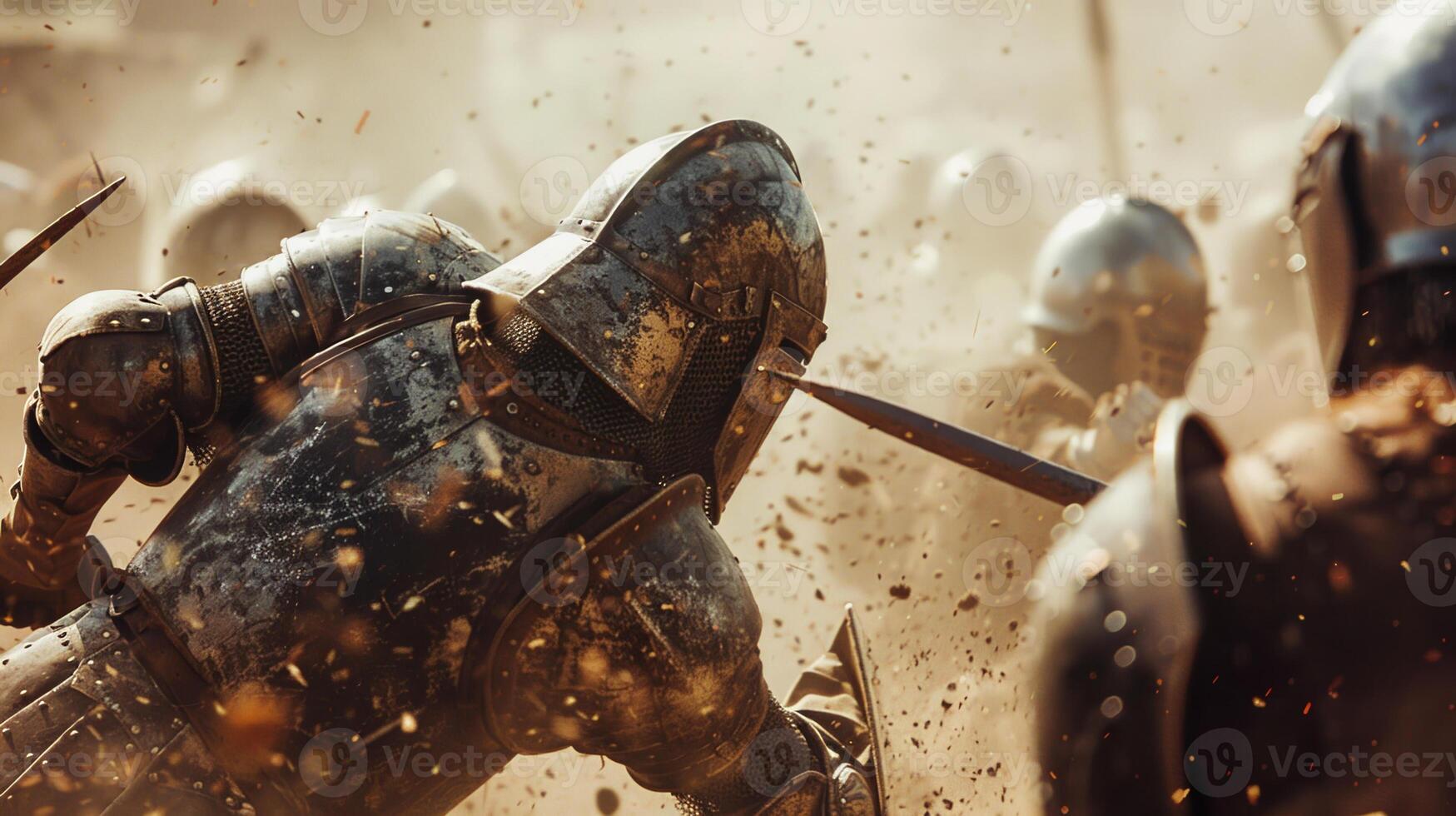 A man in a suit of armor is fighting with a sword photo