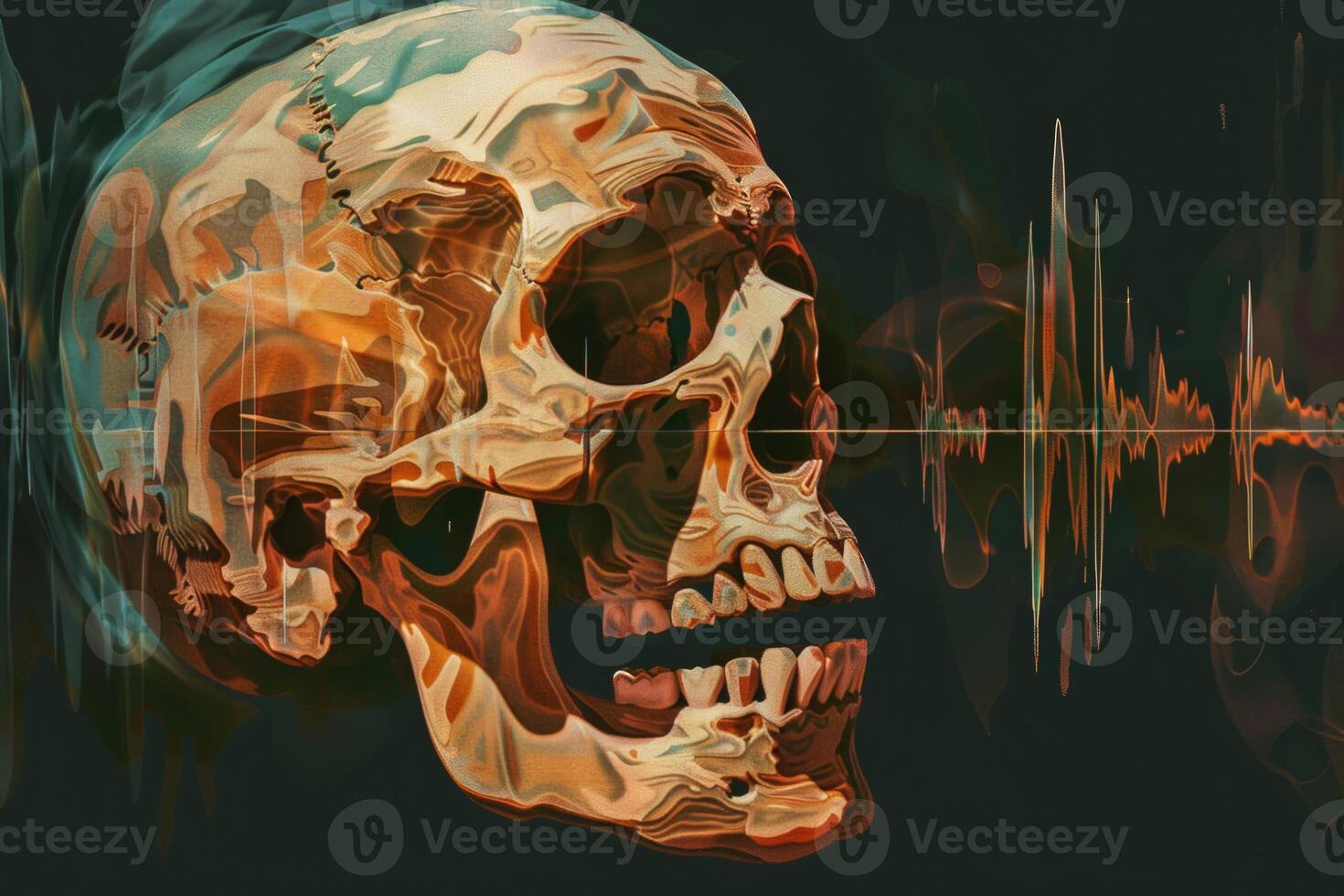 A skull with a mouth open and a sound wave in the background photo