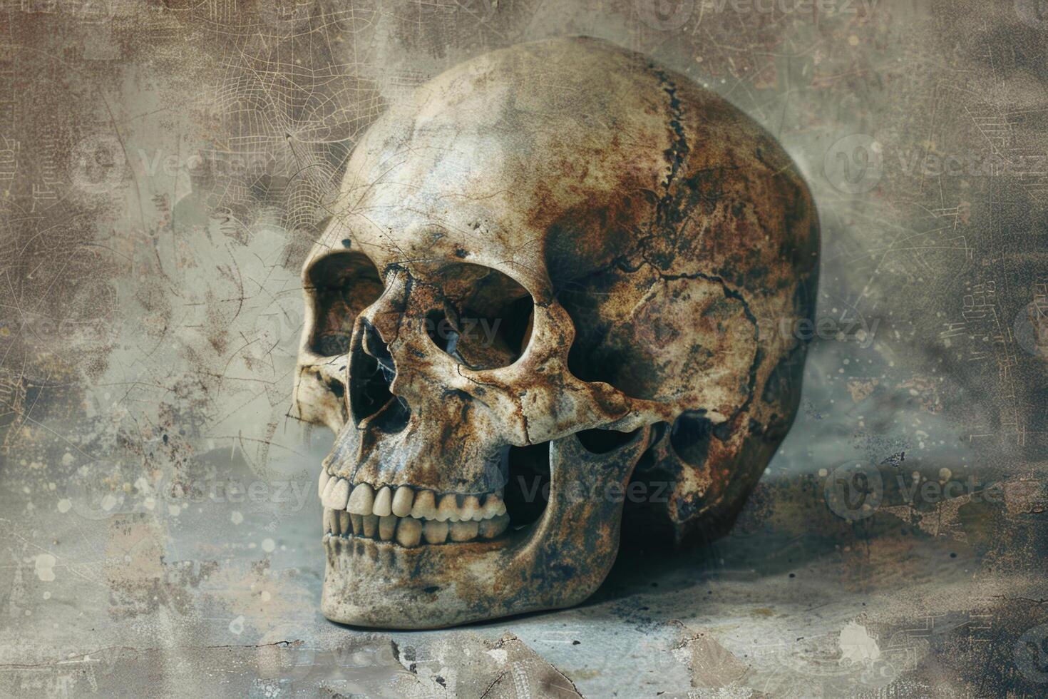 A skull is shown in a close up, with its mouth open and teeth visible photo