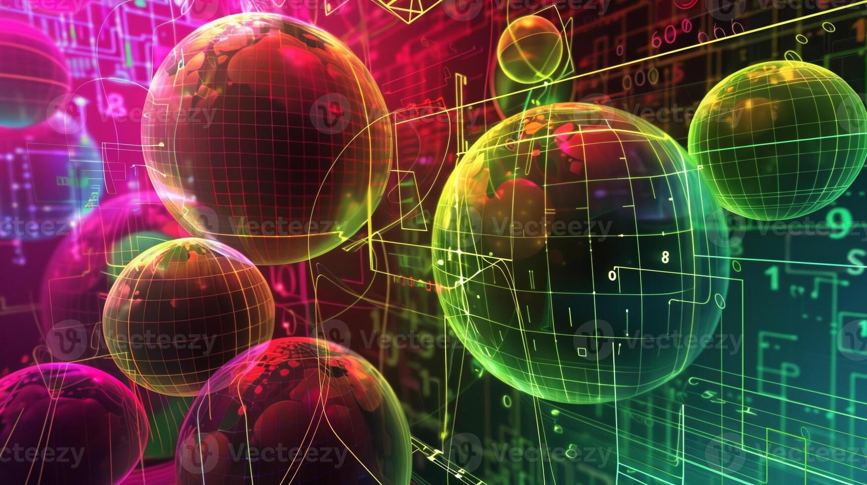 A colorful image of many spheres, some of which are green, red, and yellow photo