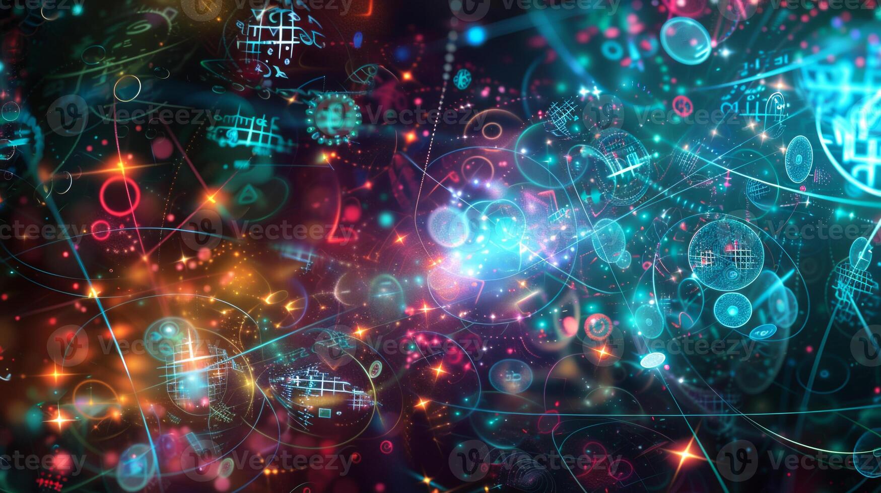A colorful, abstract image of a galaxy with many different shapes and sizes photo