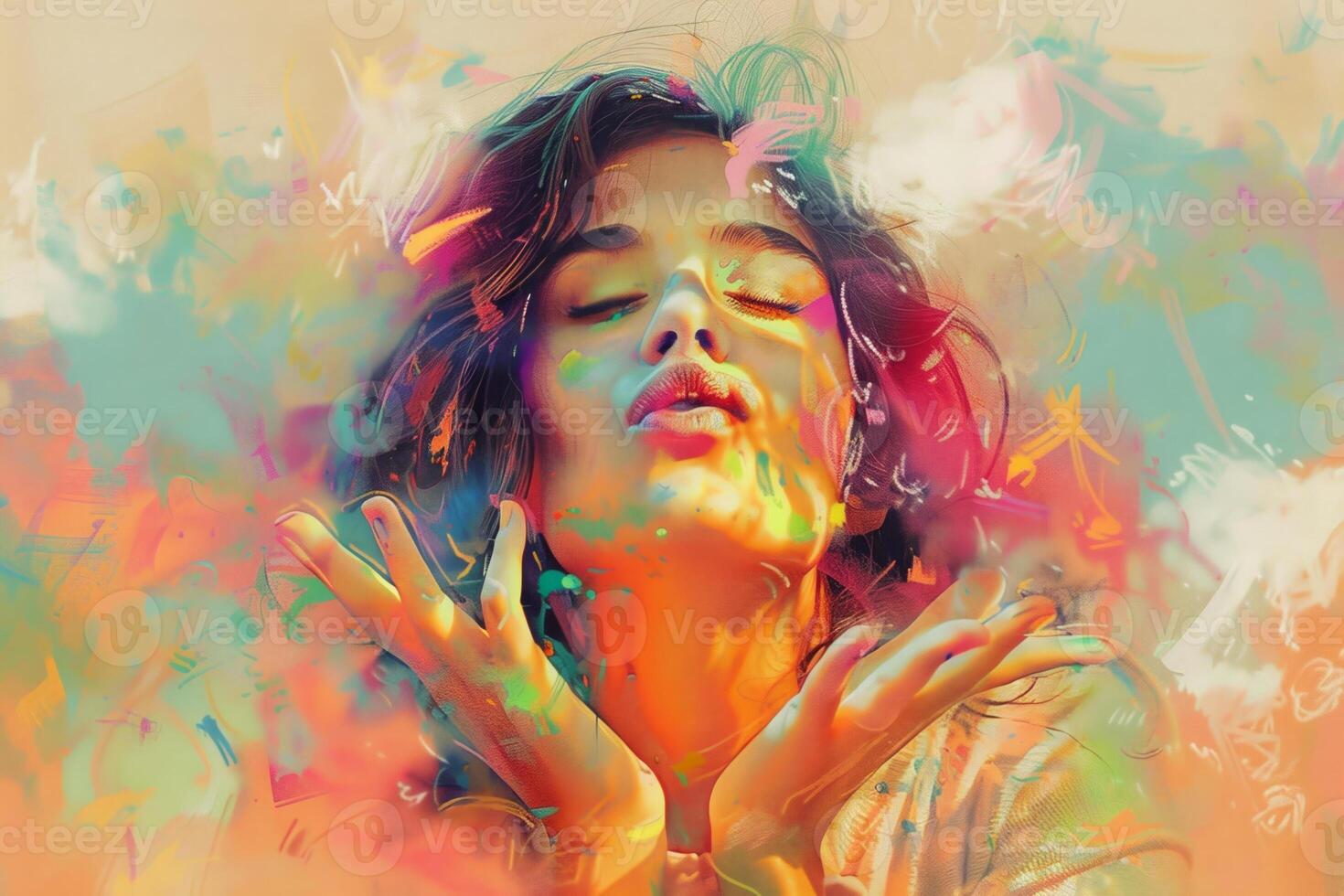 A woman with colorful hair and a colorful background photo