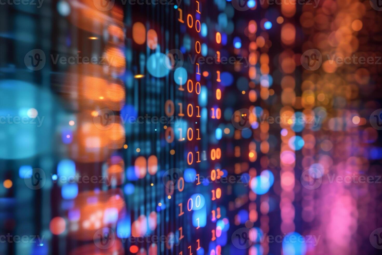 A colorful image of binary code with a blue background photo