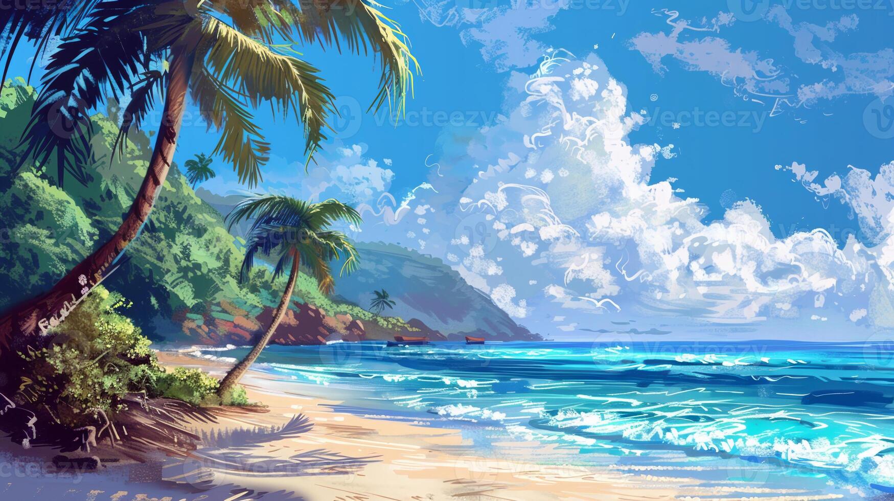 A painting of a beach with palm trees and a blue ocean photo